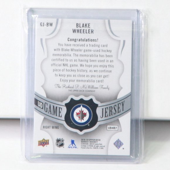 Blake Wheeler UD Game-Used Jersey Hockey Card Winnipeg Jets GJ-BW 2018/19 - Picture 2 of 2